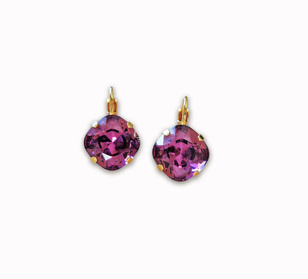Crystal  square drop earrings amethyst,gold plated