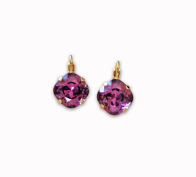 Crystal  square drop earrings amethyst,gold plated