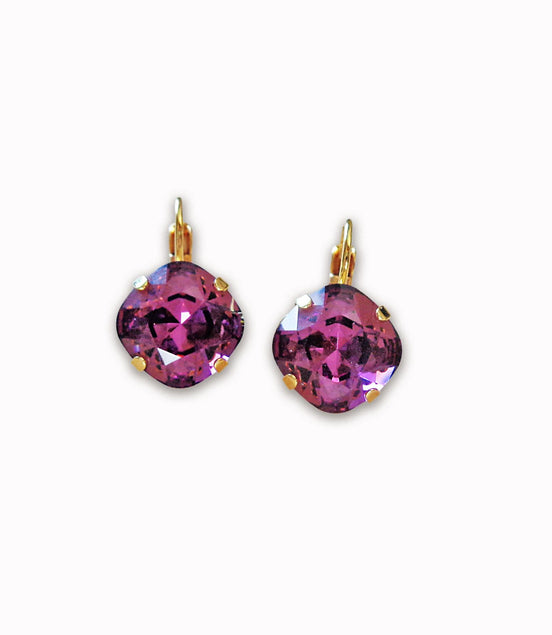 Crystal  square drop earrings amethyst,gold plated