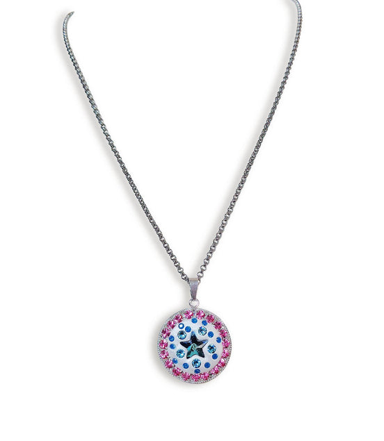 Crystal round pendant ,star design,bermuda blue ,stainless steel