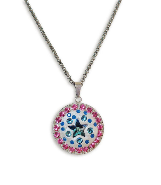 Crystal round pendant ,star design,bermuda blue ,stainless steel