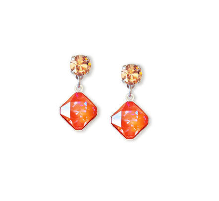 Crystal stud and drop square stone earrings,orange,rhodium silver