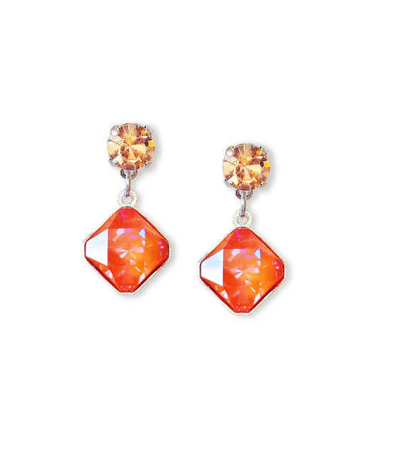 Crystal stud and drop square stone earrings,orange,rhodium silver