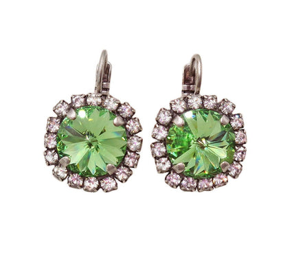 Crystal halo drop earrings,peridot green,antique silver