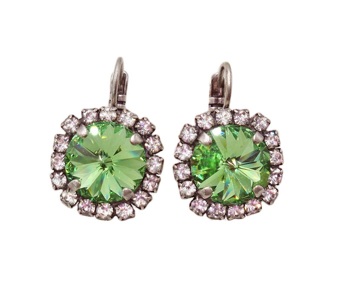 Crystal halo drop earrings,peridot green,antique silver