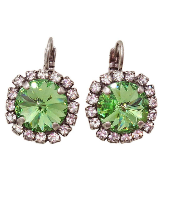 Crystal halo drop earrings,peridot green,antique silver