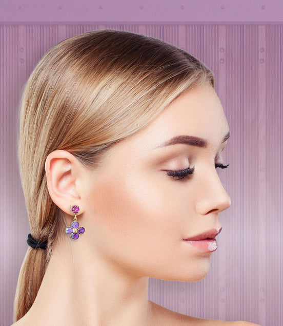 Amethyst and crystal,purple and dark pink floral drop earrings
