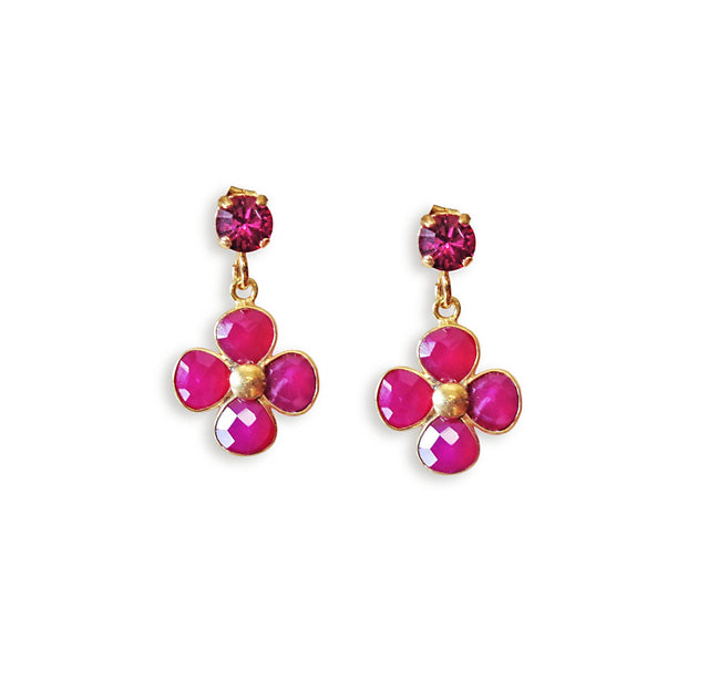 Chalcedony and crystal,fuchsia ,pink floral drop earrings