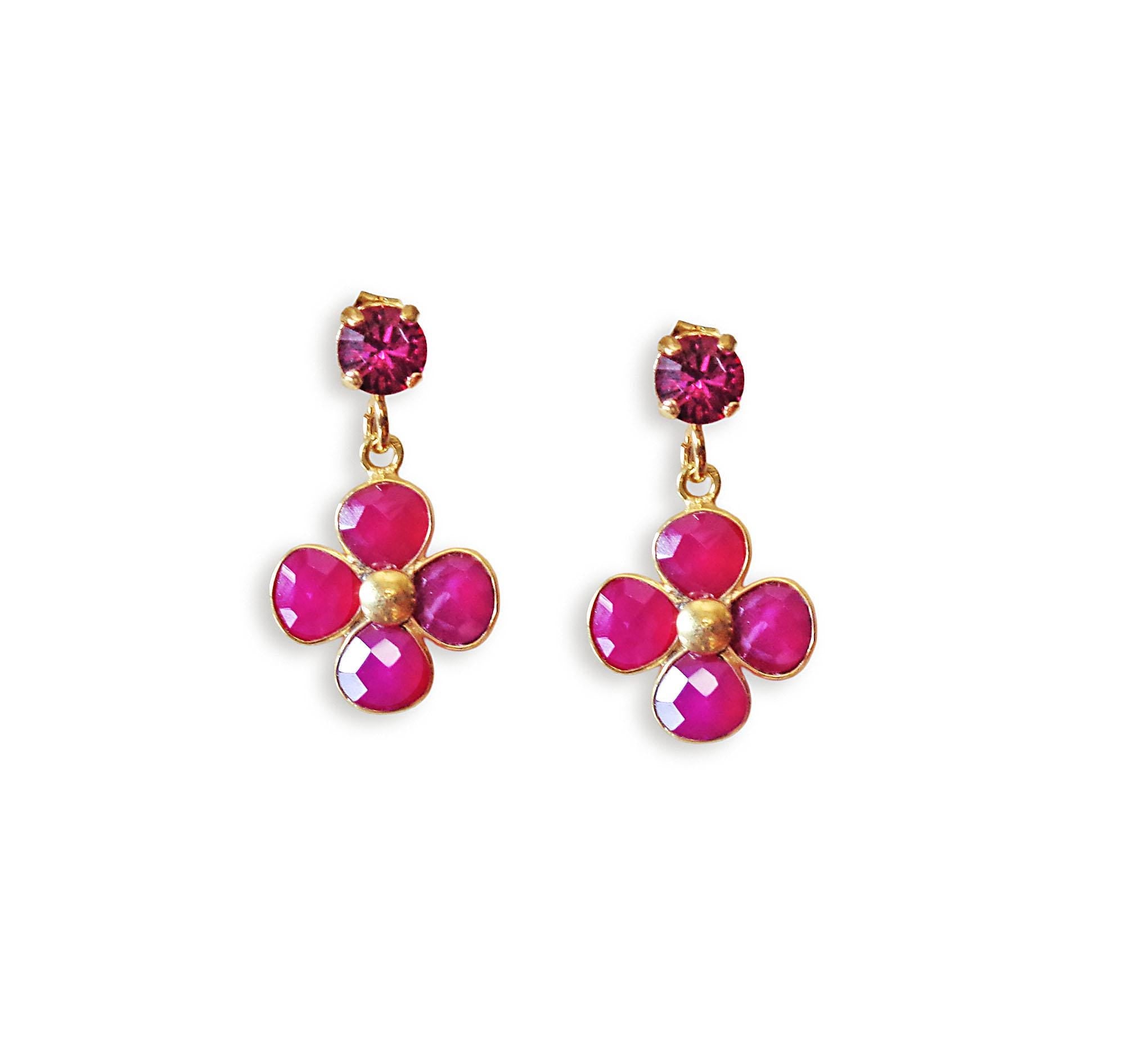 Chalcedony and crystal,fuchsia ,pink floral drop earrings