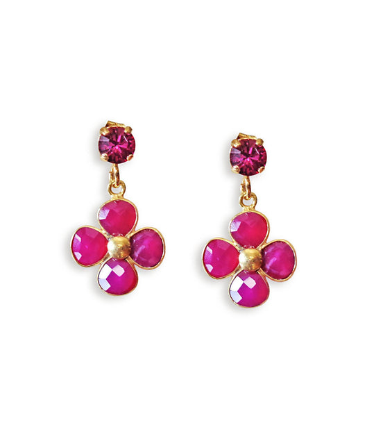 Chalcedony and crystal,fuchsia ,pink floral drop earrings