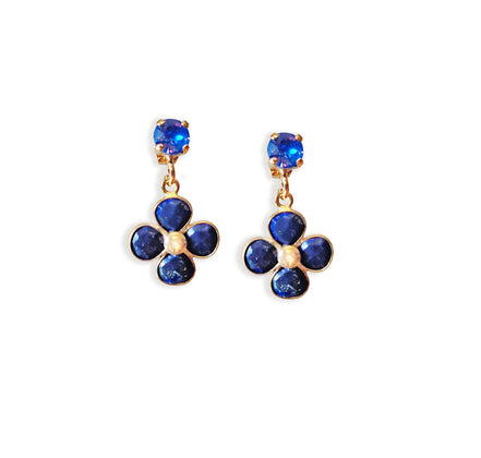 Lapis lazuli and crystal, dark blue, floral drop earrings