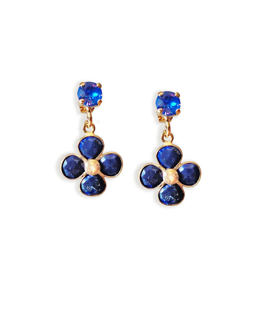 Lapis lazuli and crystal, dark blue, floral drop earrings