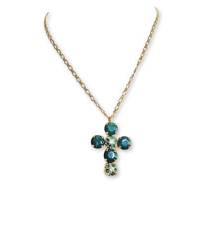 Crystal cross pendant necklace dark green opal,gold plated