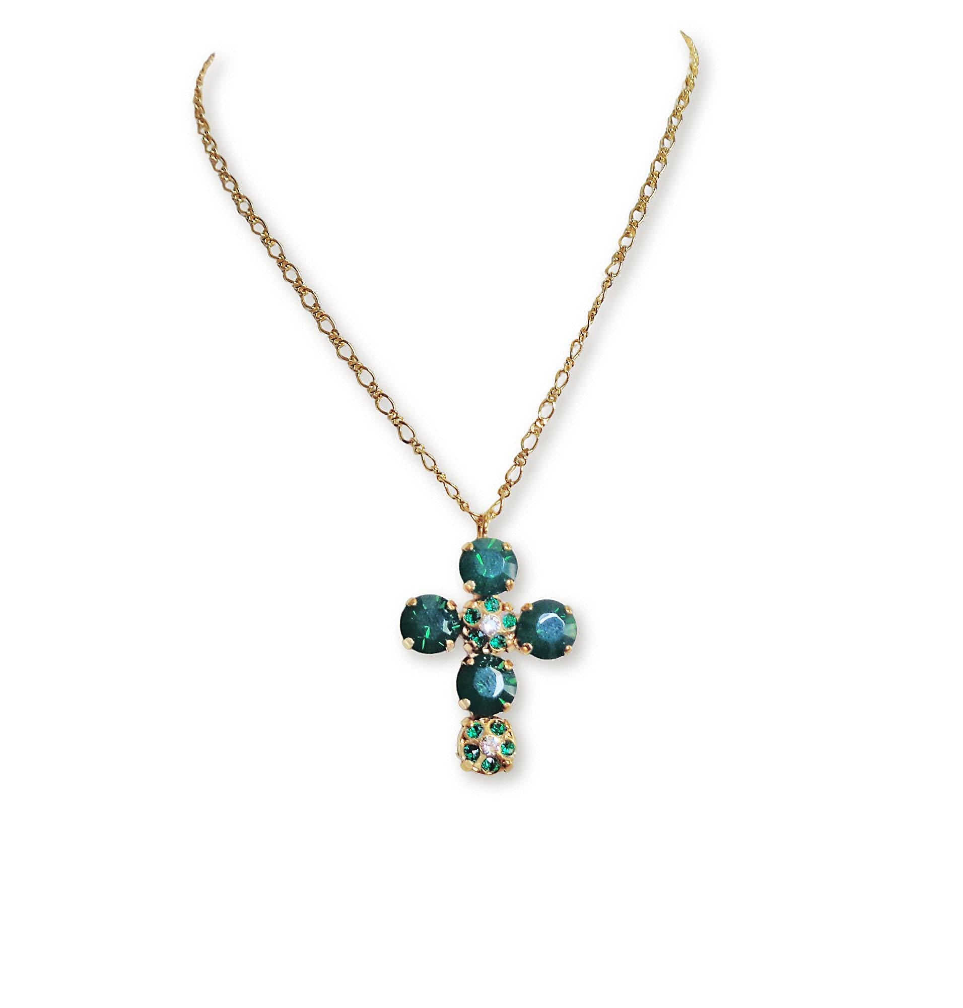 Crystal cross pendant necklace dark green opal,gold plated