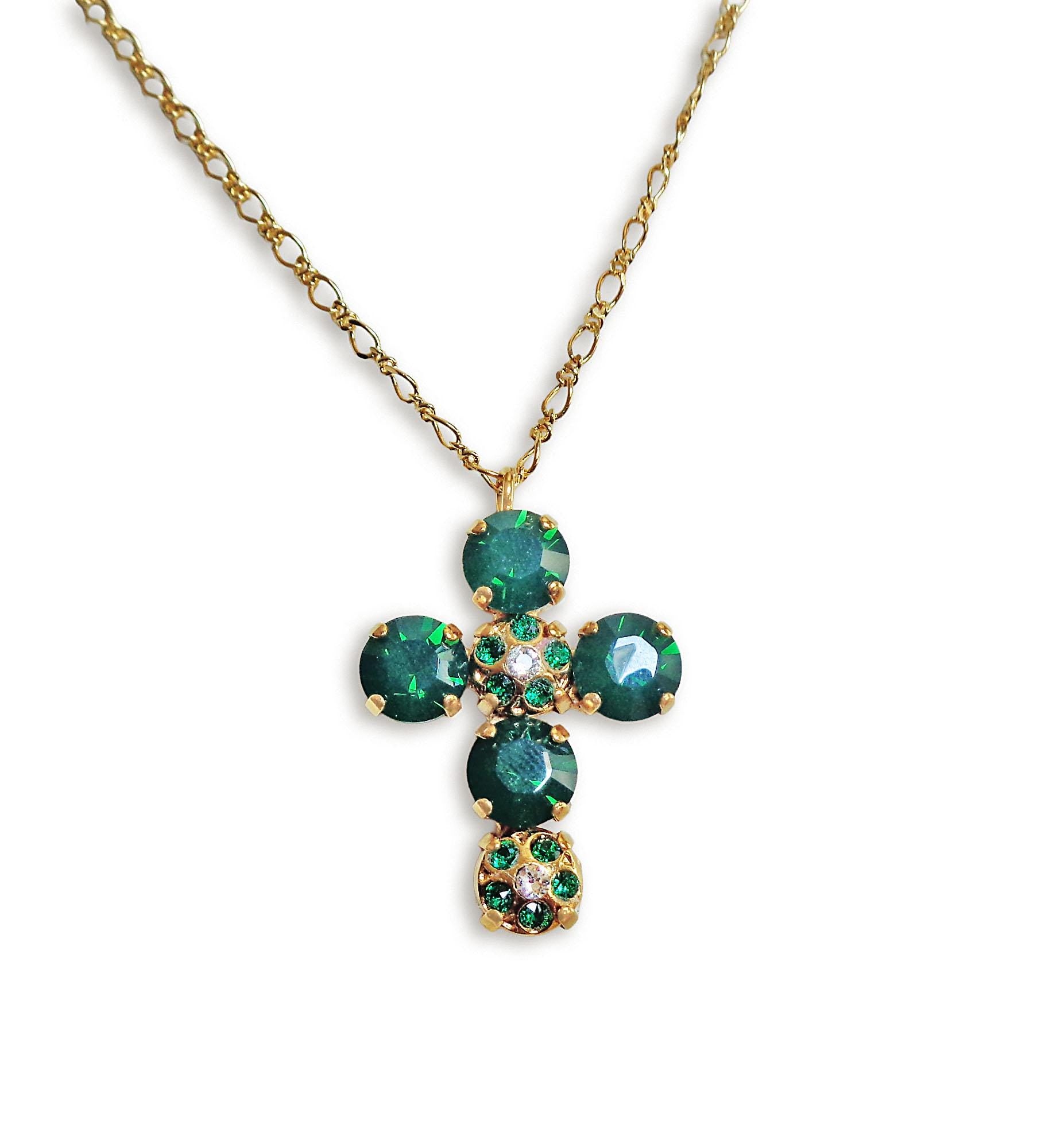 Crystal cross pendant necklace dark green opal,gold plated