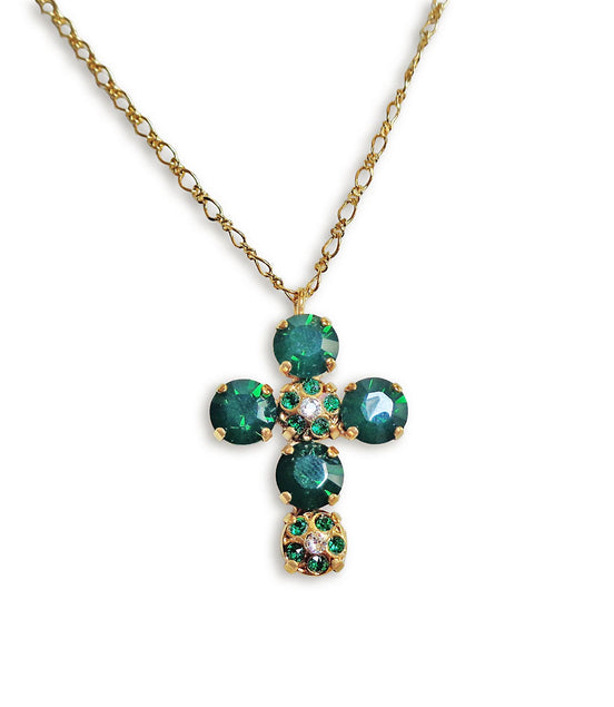 Crystal cross pendant necklace dark green opal,gold plated