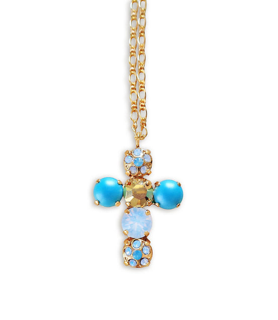 Halskette mit Kreuzanhänger aus Swarovski-Kristallen, weißem Opal und Türkis, 24 Karat Feingold plattiert