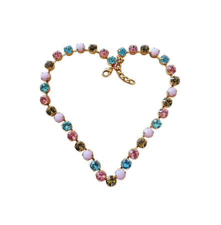 Crystal tennis  necklace  multicolour ,yellow gold