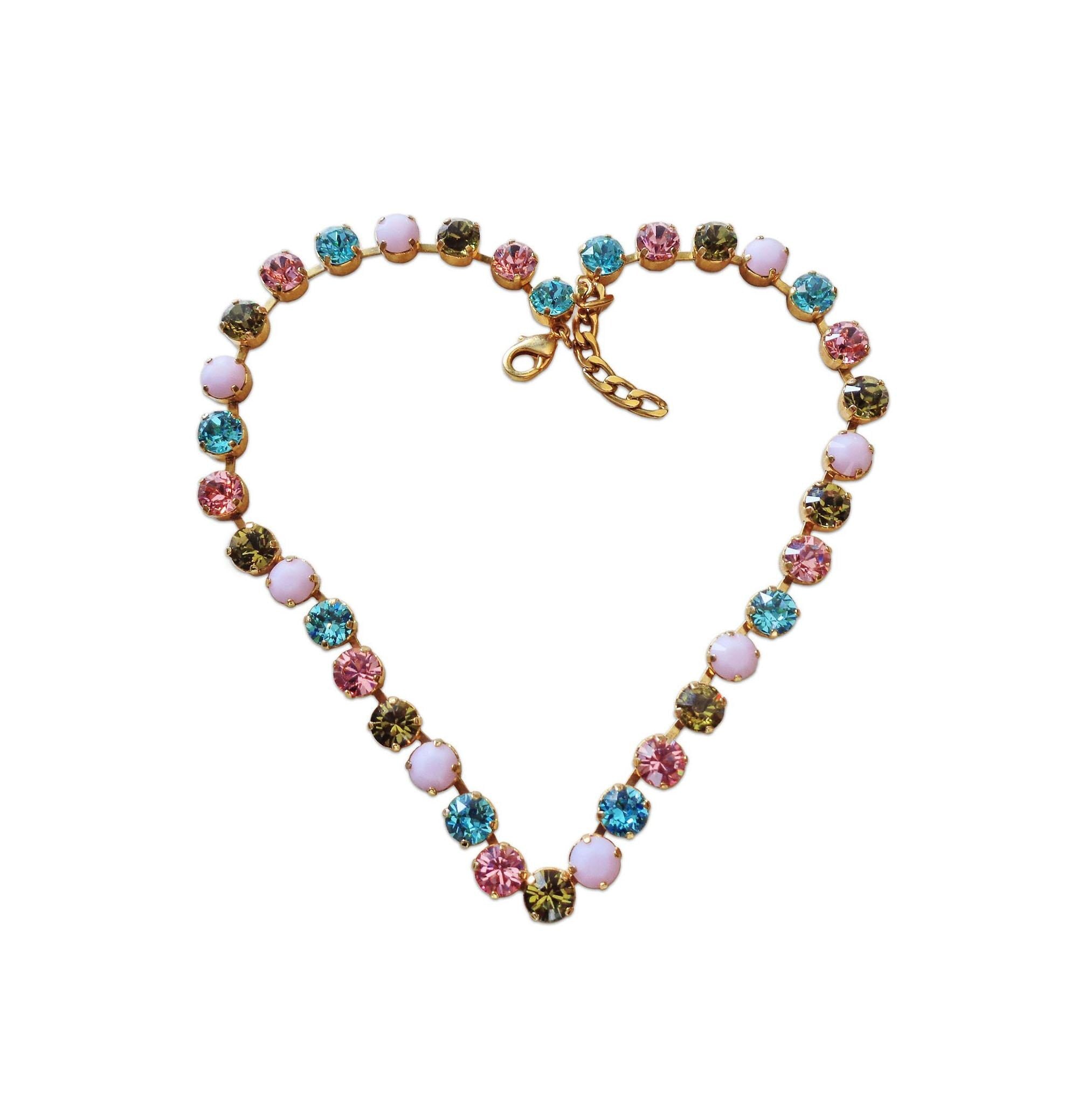 Crystal tennis  necklace  multicolour ,yellow gold