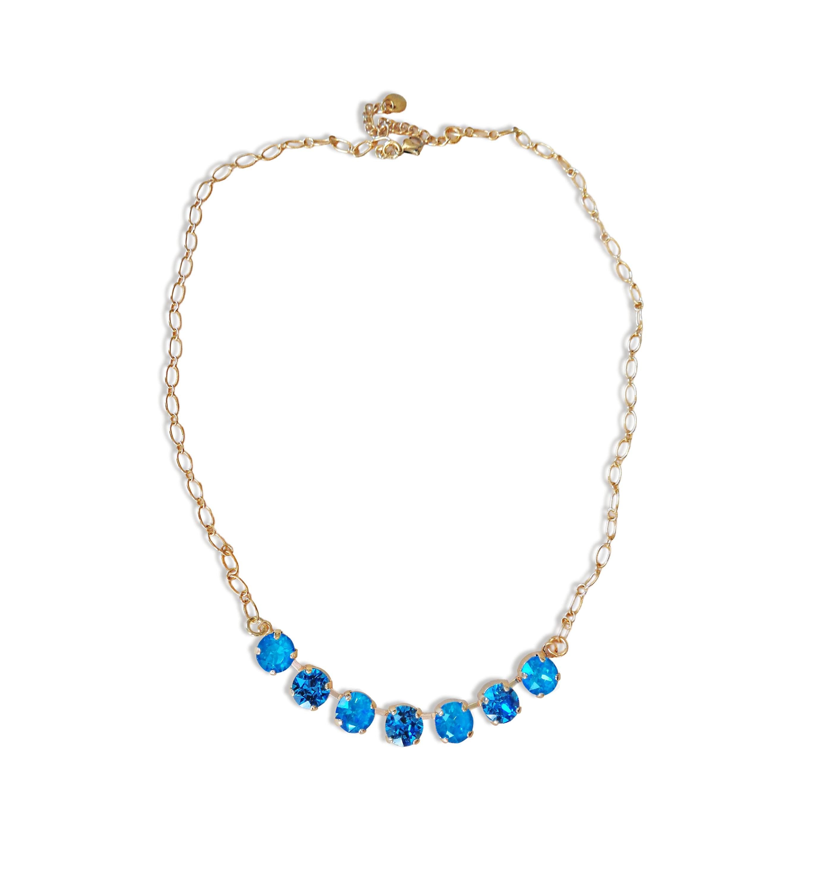 Austrian crystal gold plated chain necklace ,teal blue