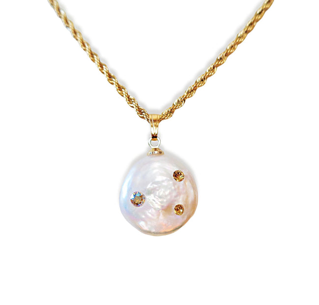 Freshwater pearl  pendant,with golden topaz crystal,gold plated