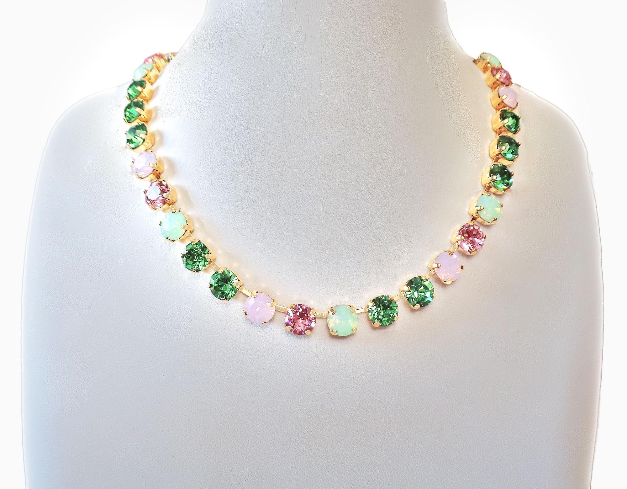 ROSE GARDEN crystal  tennis  necklace, erinite/light rose,gold plated