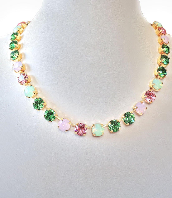 ROSE GARDEN crystal  tennis  necklace, erinite/light rose,gold plated