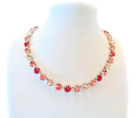 PEACH GLOW  crystal tennis necklace peach,red,rhodium silver