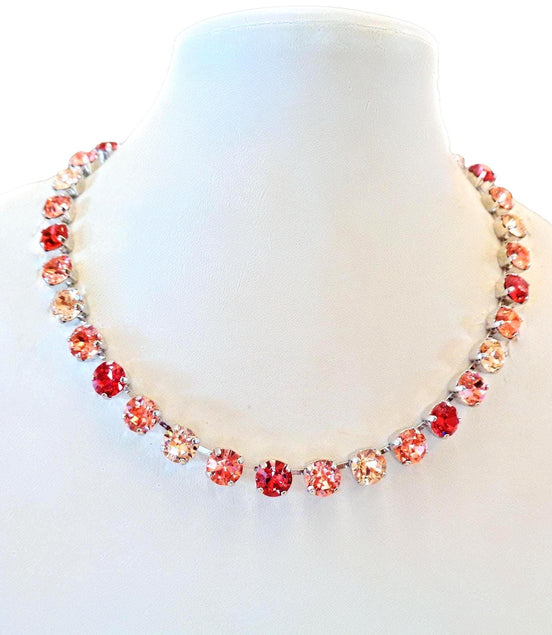 PEACH GLOW  crystal tennis necklace peach,red,rhodium silver