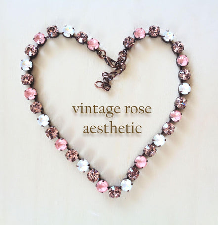 VINTAGE ROSE AESTHETIC Austrian crystal  tennis necklace, vintage rose and white