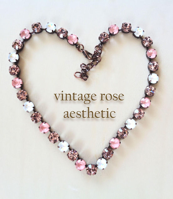 VINTAGE ROSE AESTHETIC Austrian crystal  tennis necklace, vintage rose and white