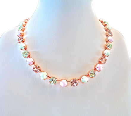 PURE INNOCENCE crystal and pearl necklace,pastel green ,pink,rose gold
