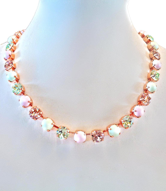 PURE INNOCENCE crystal and pearl necklace,pastel green ,pink,rose gold