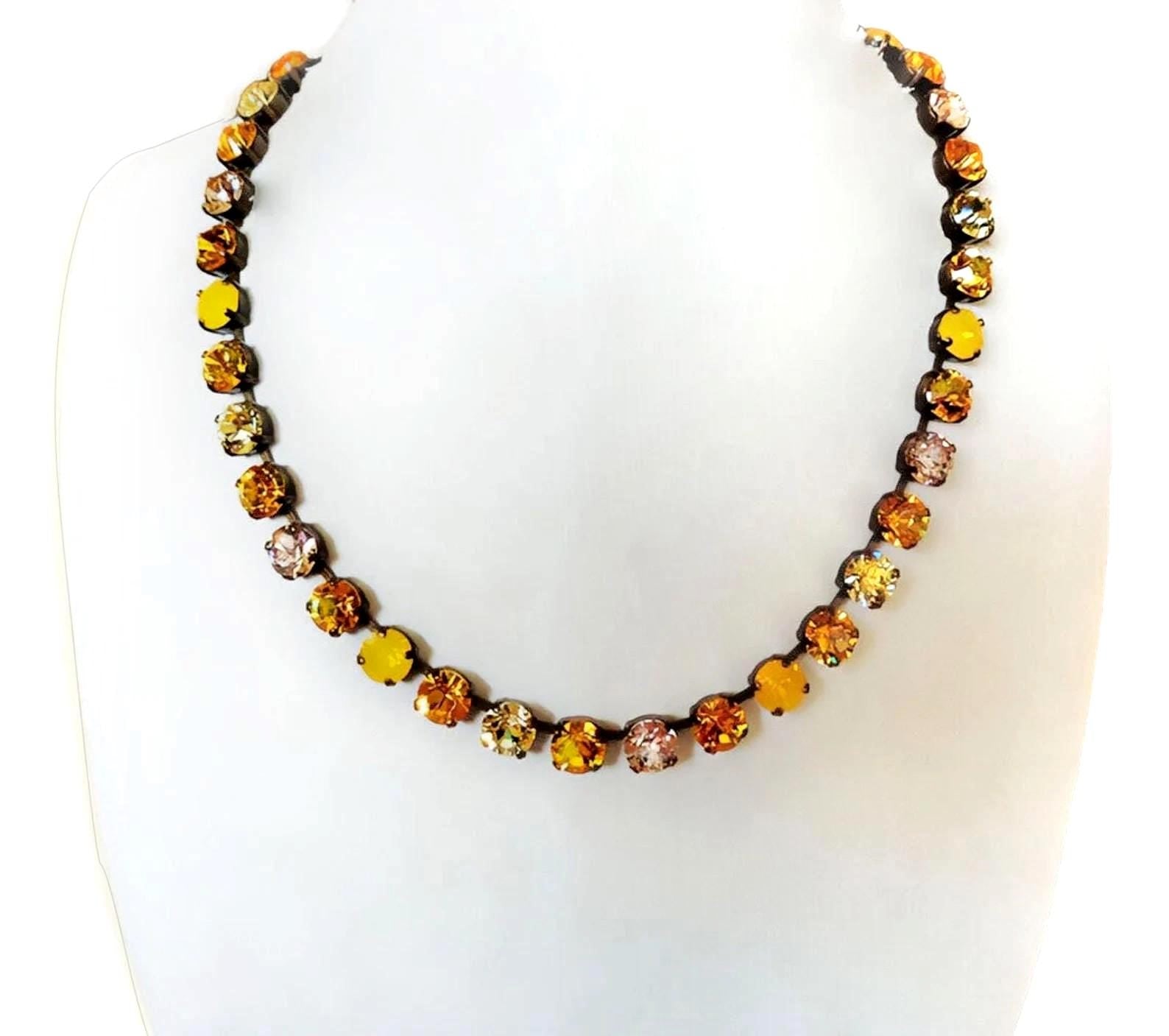 SUNFLOWER FIELD Austrian crystal necklace crystal vivid yellows  ,antique brass