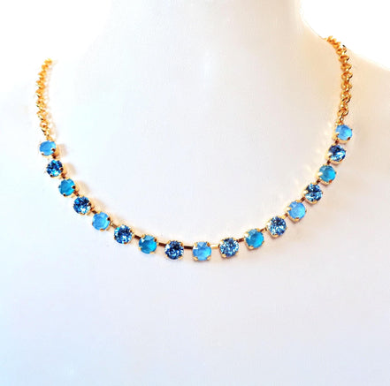 Crystal chain necklace ice blue,azure blue ,yellow gold