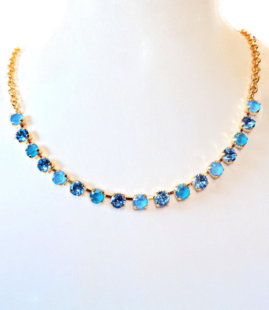 Crystal chain necklace ice blue,azure blue ,yellow gold