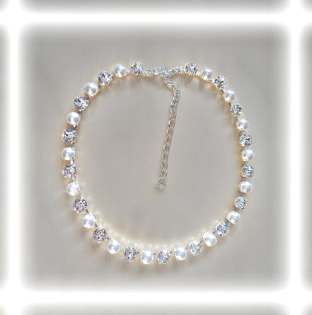 CLEAR GLAMOUR Austrian crystal and pearls tennis necklace, clear crystal,white
