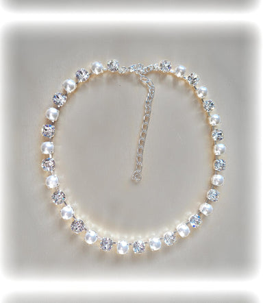 CLEAR GLAMOUR Austrian crystal and pearls tennis necklace, clear crystal,white