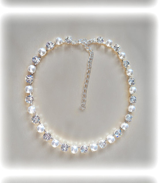 CLEAR GLAMOUR Austrian crystal and pearls tennis necklace, clear crystal,white