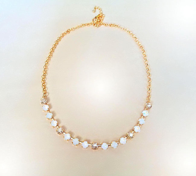 Crystal chain necklace white opal,gold  ,yellow gold