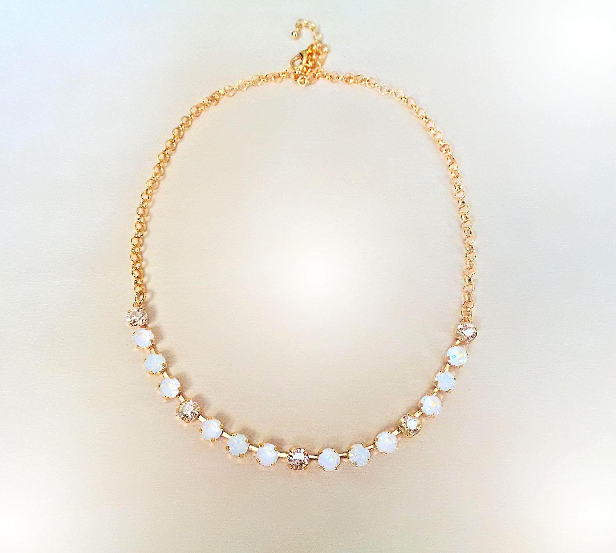 Crystal chain necklace white opal,gold  ,yellow gold