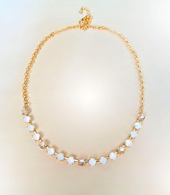 Crystal chain necklace white opal,gold  ,yellow gold
