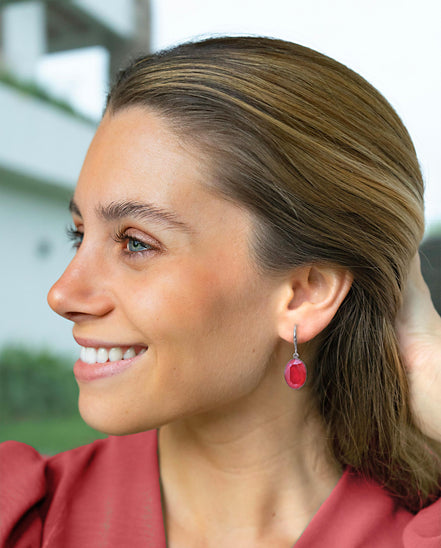 Crystal  oval drop earrings ,laquer red ,rhodium silver
