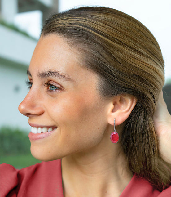 Crystal  oval drop earrings ,laquer red ,rhodium silver