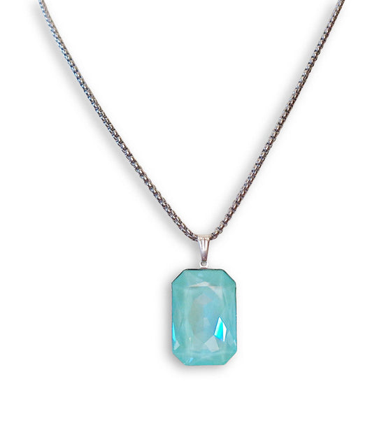 Crystal  large rectangular pendant necklace soft mint,stainless steel