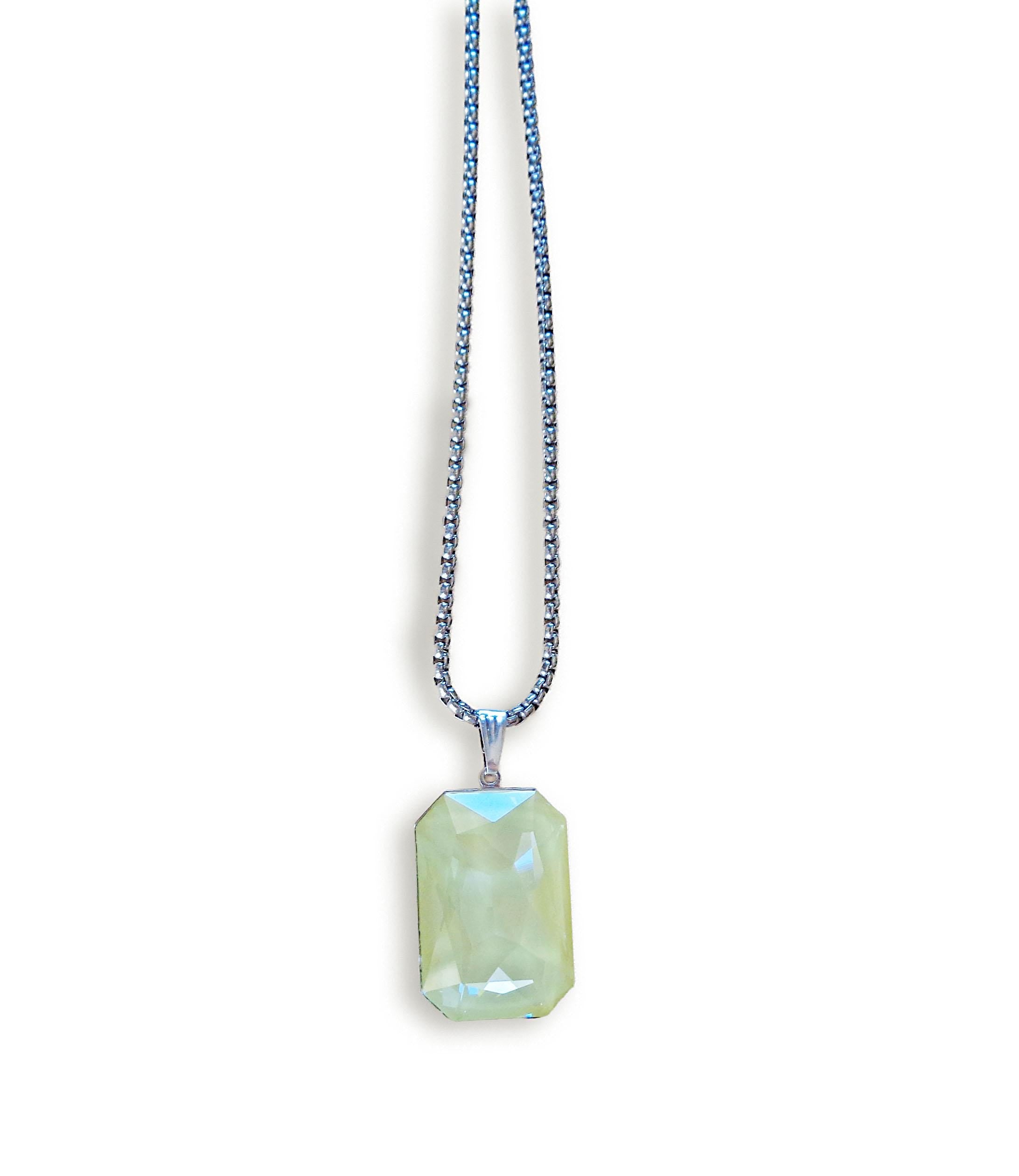 Crystal  large rectangular pendant necklace soft yellow,stainless steel