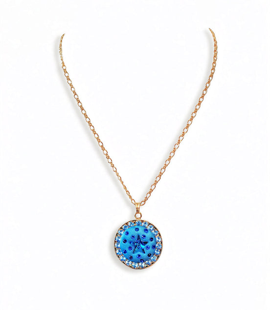 Crystal round pendant ,star design,blue ,24k gold plated