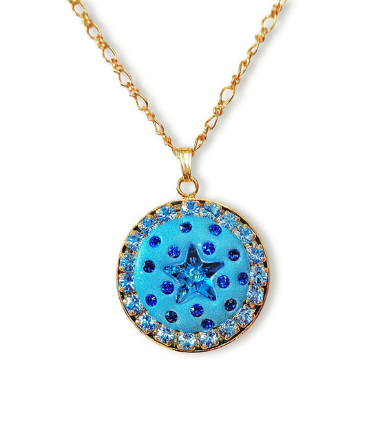 Crystal round pendant ,star design,blue ,24k gold plated