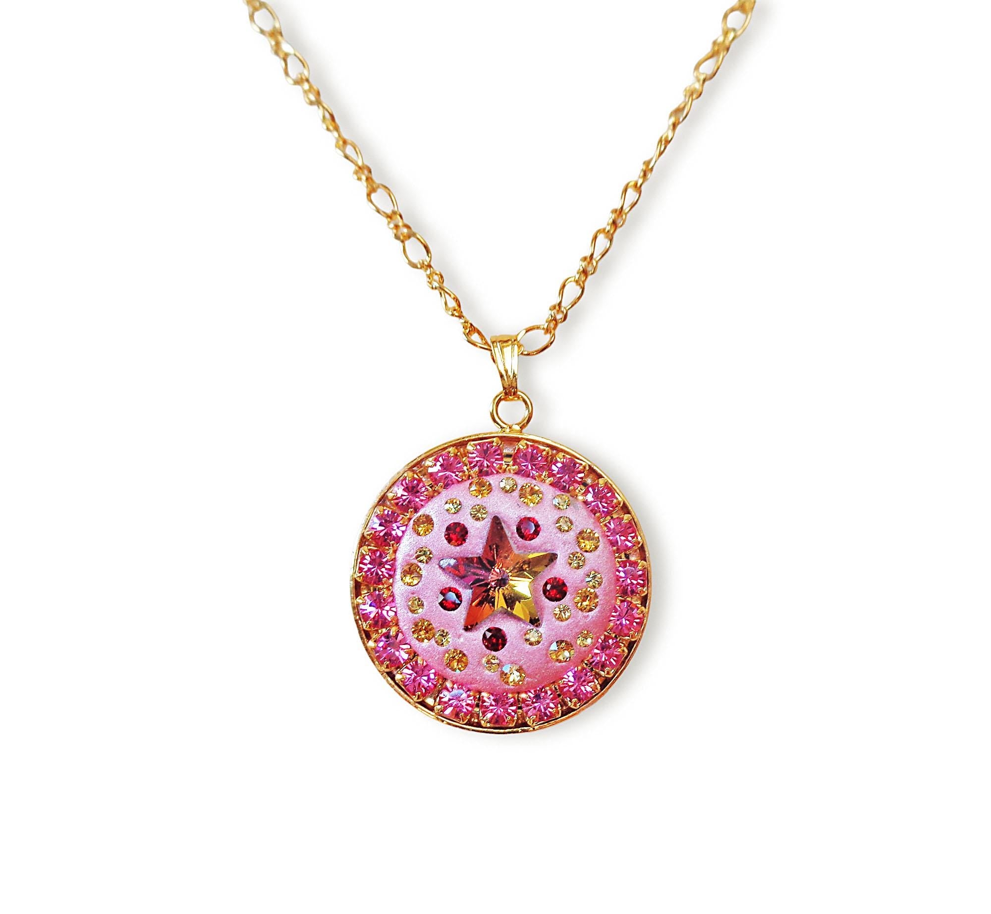Crystal round pendant ,star design,light pink ,24k gold plated