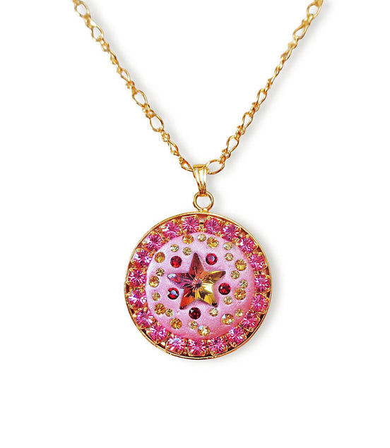 Crystal round pendant ,star design,light pink ,24k gold plated